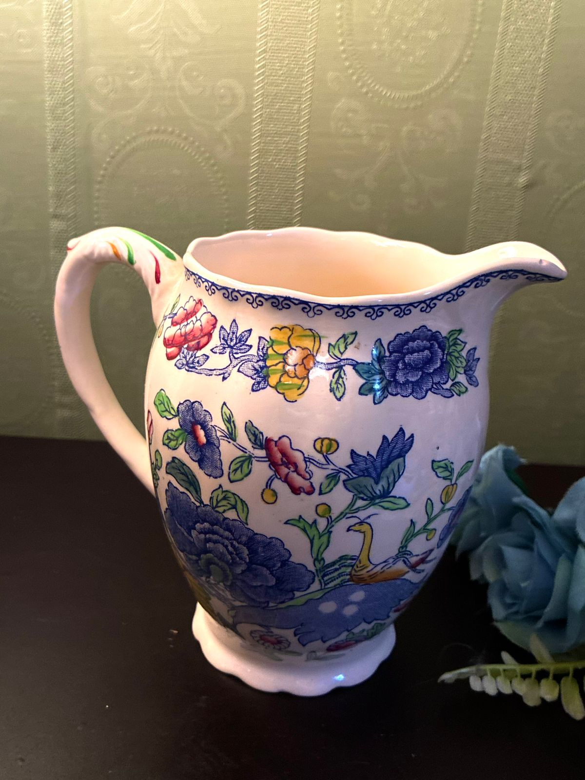 Vintage Chinoiserie Floral Jug Blue Ceramic Pitcher