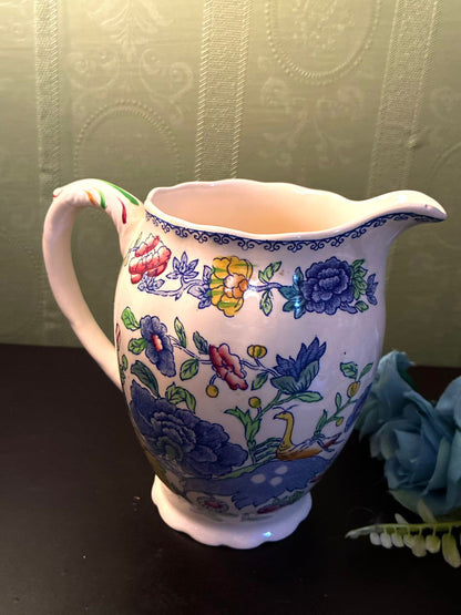 Vintage Chinoiserie Floral Jug Blue Ceramic Pitcher