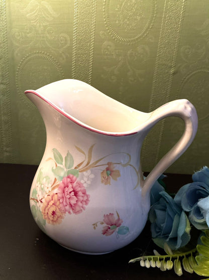 Vintage Floral Ceramic Pitcher Pink Rose Cottage Jug