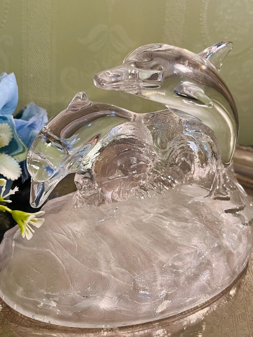 Vintage Clear Crystal Dolphin Sculpture 13 cm Wave Base