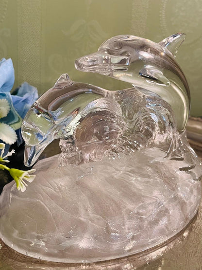 Vintage Clear Crystal Dolphin Sculpture 13 cm Wave Base