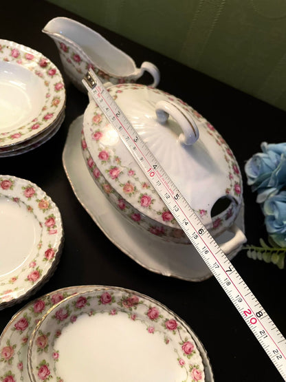 Vintage Rose China Serving Set with Tureen & Gravy Boat