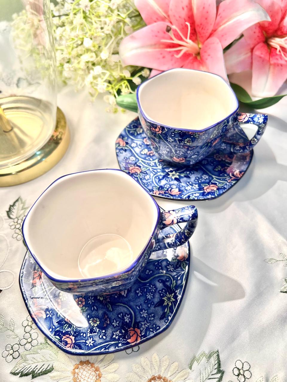 Ringtons Fine China Blue Chintz Cup & Saucer Set – Set of 2