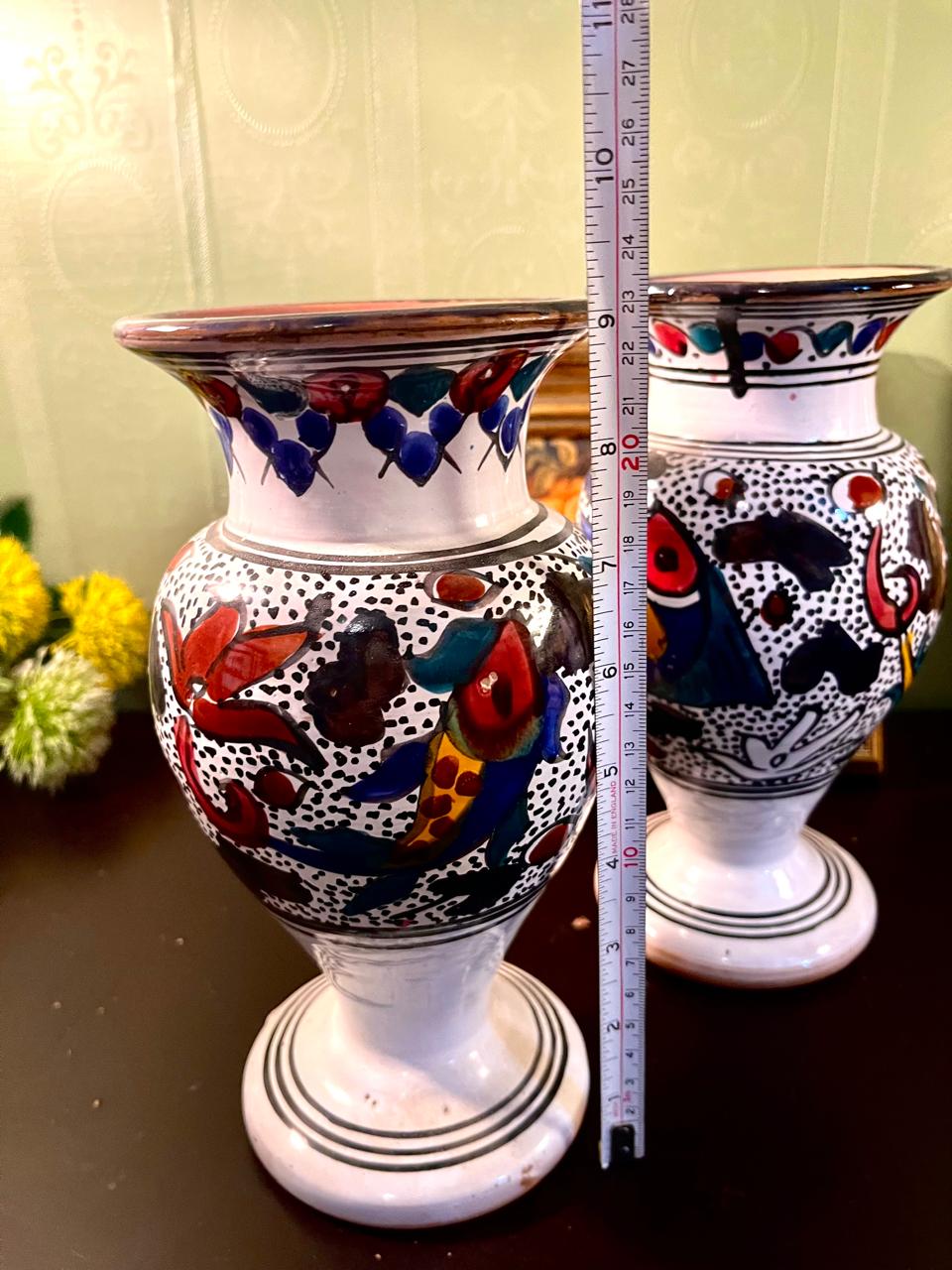 Set of 2 Hand-Painted Ceramic Bird Vases 10 Inch – Artisan Pottery