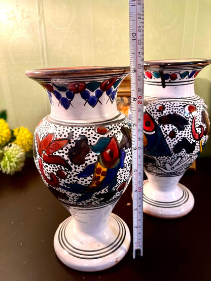 Set of 2 Hand-Painted Ceramic Bird Vases 10 Inch – Artisan Pottery