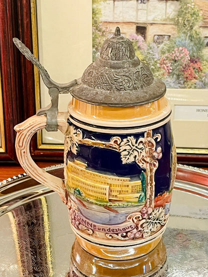 Vintage Beer Stein, German Beer Stein, Pewter Lid Stein, Embossed Stein, Collectible German Mug, Köln Dom Stein, Bonn Landmark Stein, Drachenfels Stein, European Barware