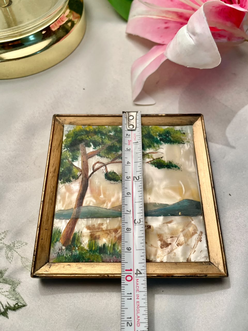 Vintage hand-painted mother-of-pearl miniature painting Framed Landscape Painting 4"inches