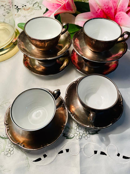 Vintage Silver Copper Lustre Coffee Cup & Saucer Set of 6