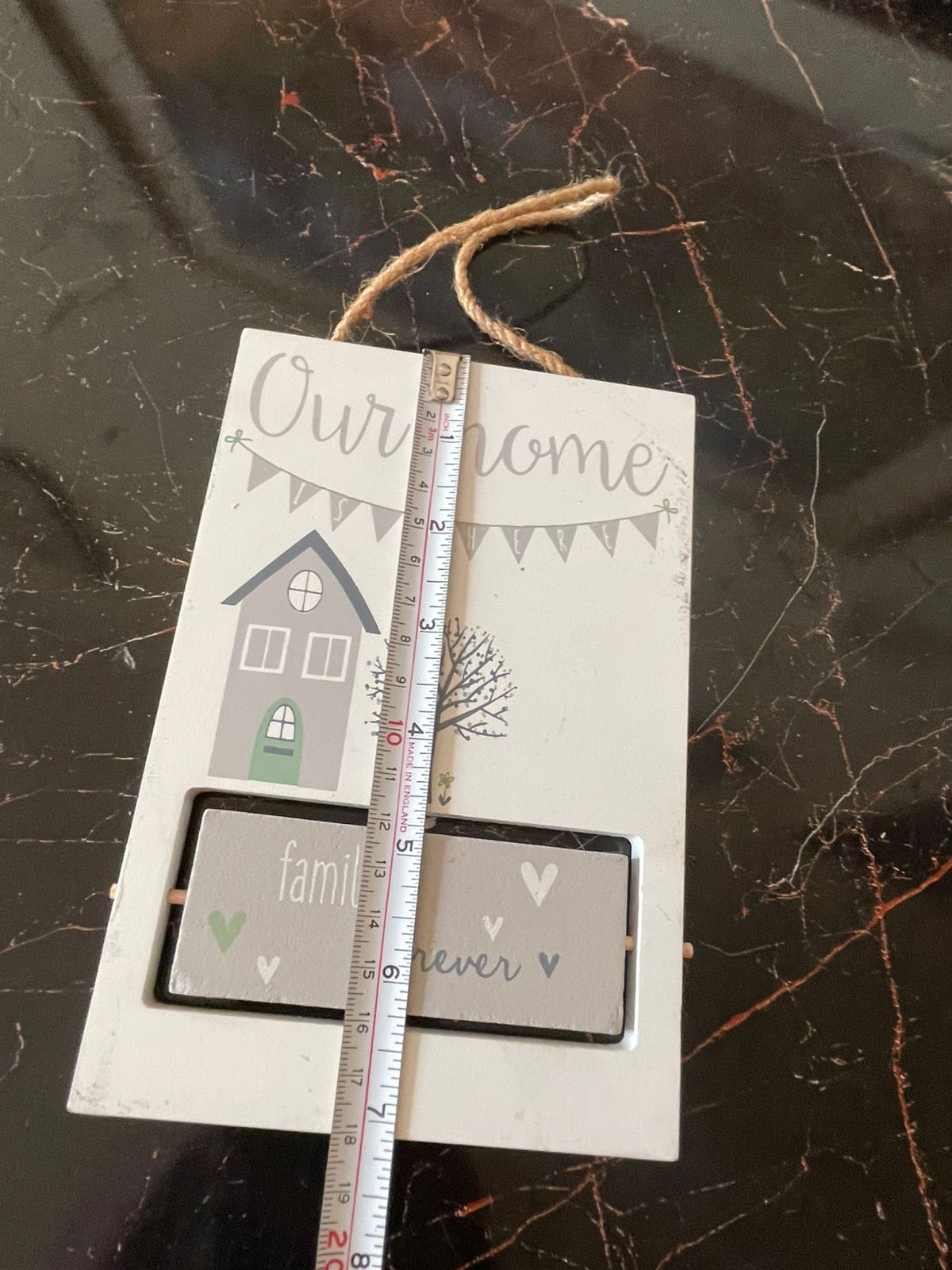 “Our Home” White wood Wall Plaque – Family is Forever with Jute Rope Hanging