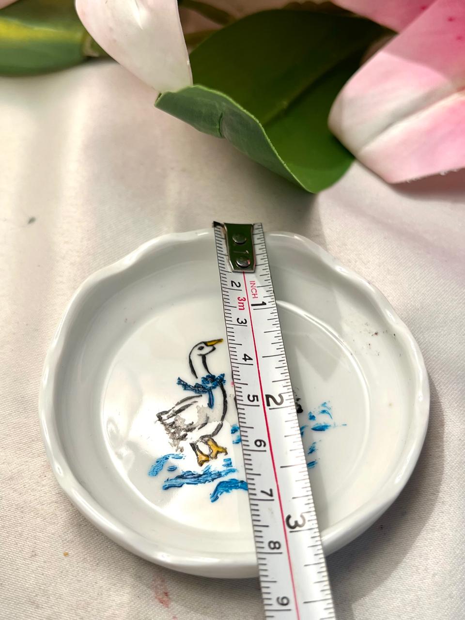 Hand-Painted French Faïence Goose Trinket Dish Signed Approx. 8 cm