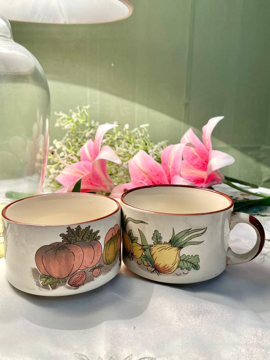 Vintage Vegetable Print Ceramic Soup Mugs – Set of 2, 4.5 Inches