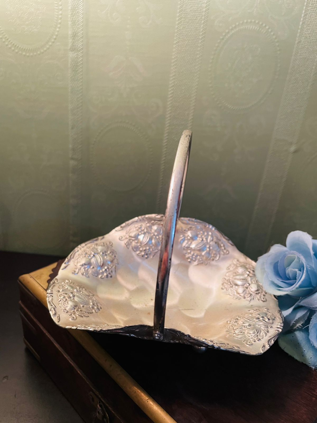 Vintage Silver Plate Bon Bon Basket with Handle 6 Inch