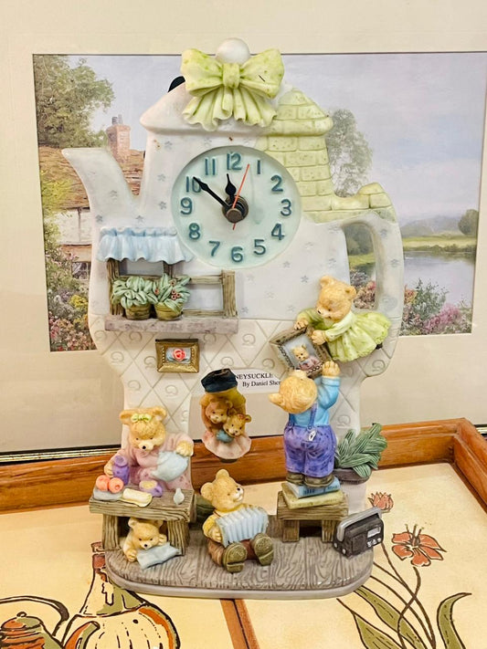 bear clock decor, teapot clock, cottagecore home decor, cute kitchen wall clock, kids room decor, whimsical figurine clock, vintage bear family, nursery shelf decor, pastel cottage decor, collectible animal clock