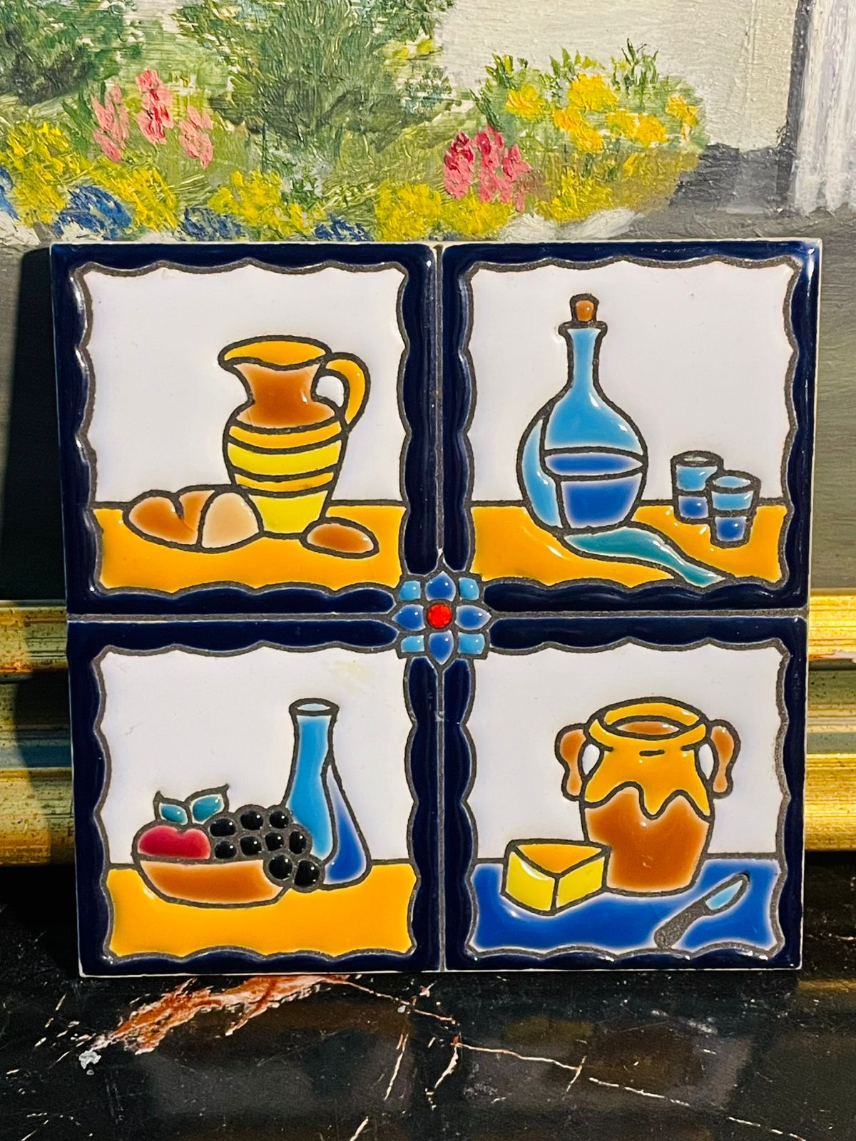 spanishtile, artecerspain, handpaintedceramic, mediterraneandecor, walltileart, rusticcharm, kitchenwallart, handmadeinspain, cottagecoredecor, sunsetkitchen