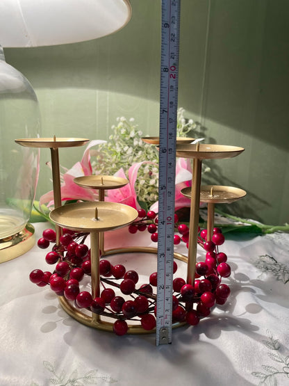 Gold 6-Arm Candle Holder with Red Berry Wreath 16 Inch