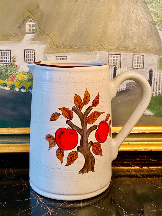 Vintage Stoneware Pitcher Jug – Handcrafted Apple Tree Design – 7.5 Inches Tall