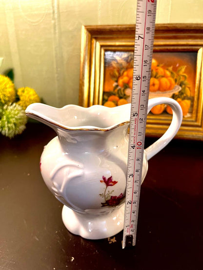 Vintage Floral Porcelain Water Pitcher with Gold Rim – 5 Inch