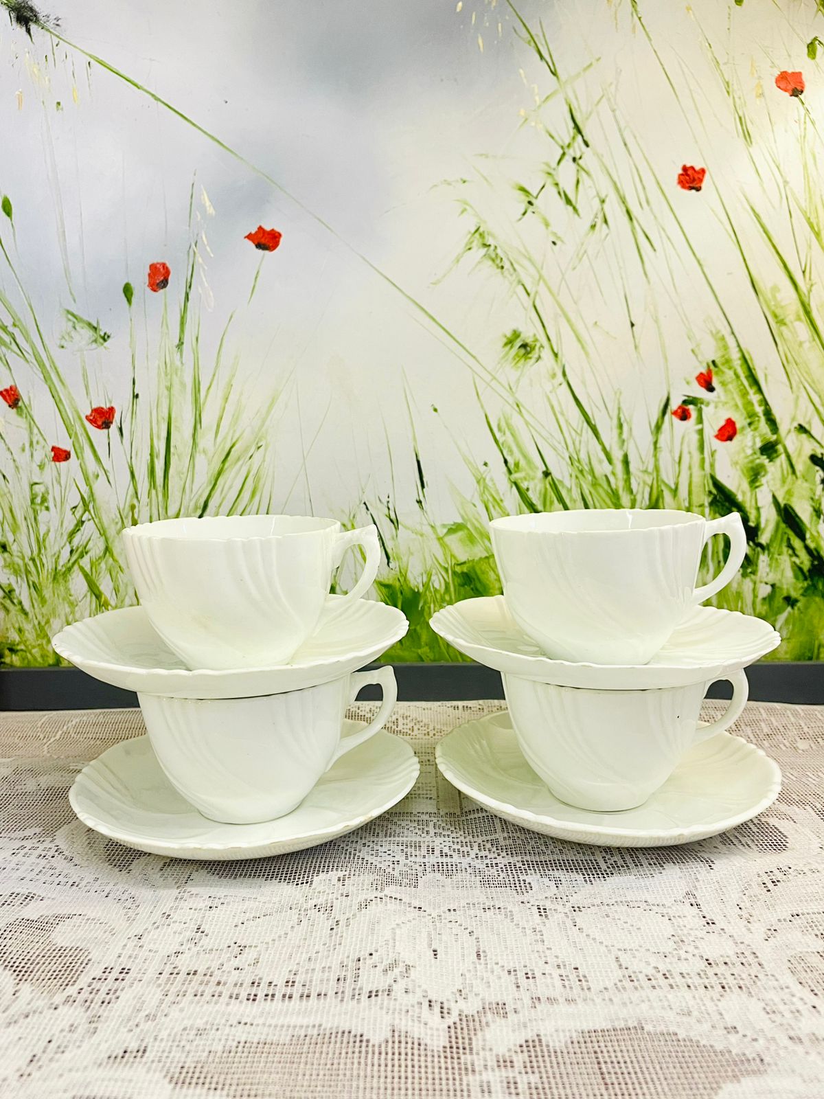 Vintage White Porcelain Teacup & Saucer Set of 4 Cups