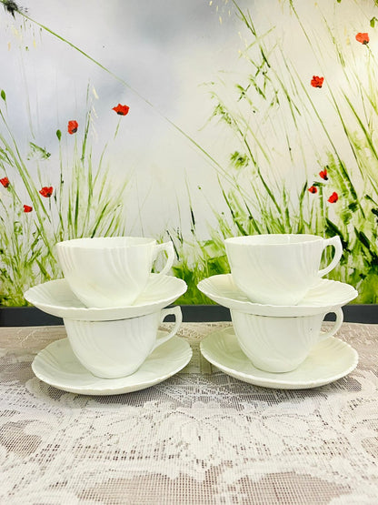 Vintage White Porcelain Teacup & Saucer Set of 4 Cups