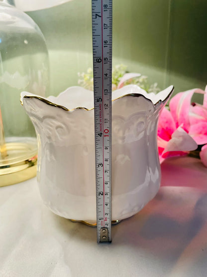 Vintage Brosonic Bone China Victoriana Cachepot – White Embossed Gold-Trim Planter – Made in England