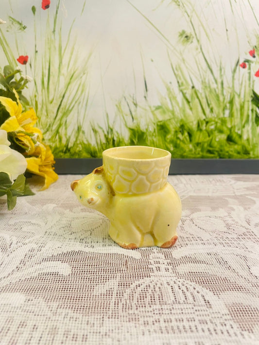 Vintage Yellow Ceramic Cat Egg Cup Holder