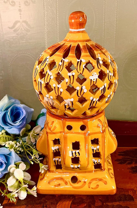 Vintage Moroccan Ceramic Lantern 23 cm Amber Cutwork Decor