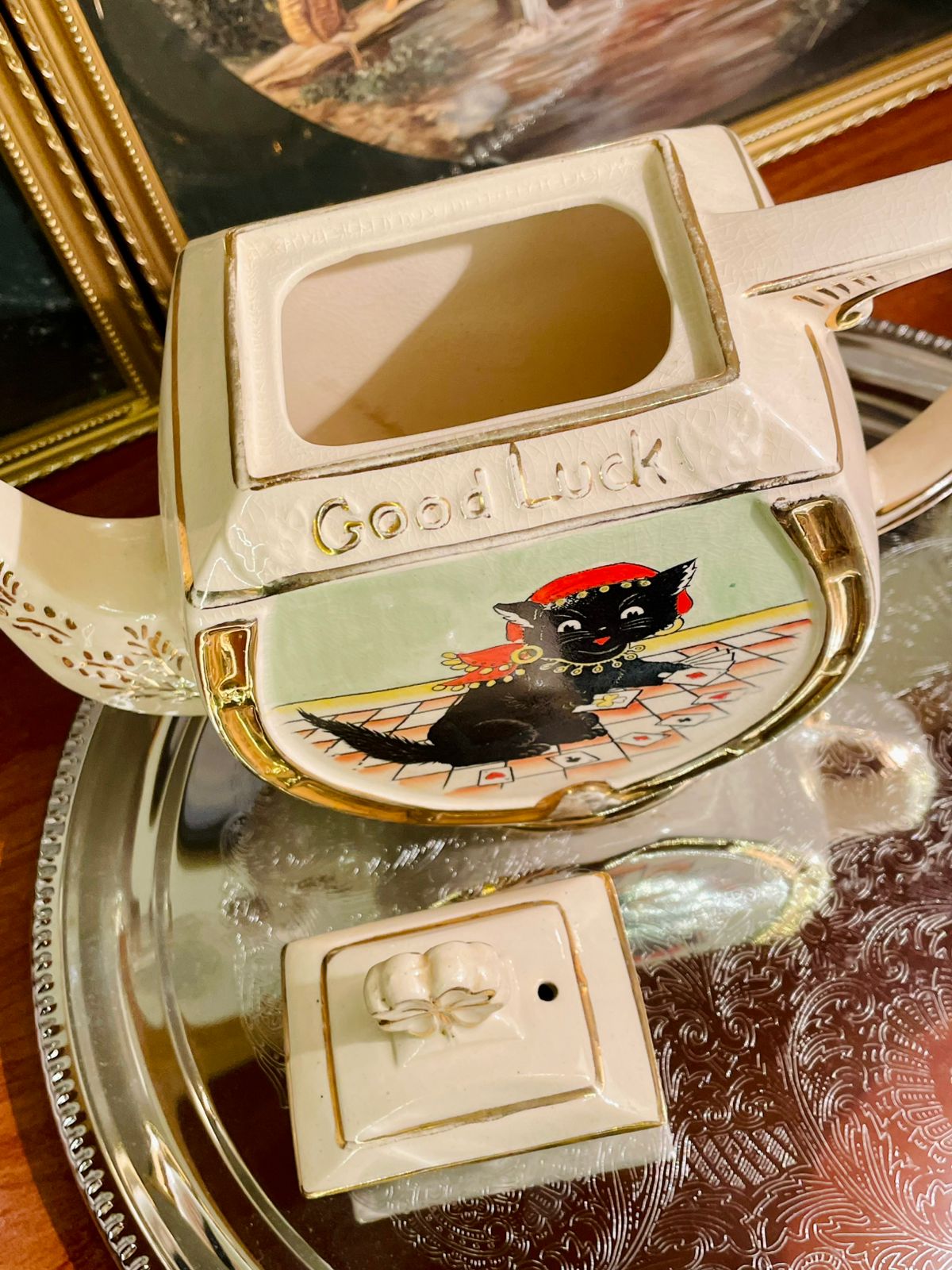 Vintage Good Luck Black Cat Teapot – Fortune & Playing Cards Design