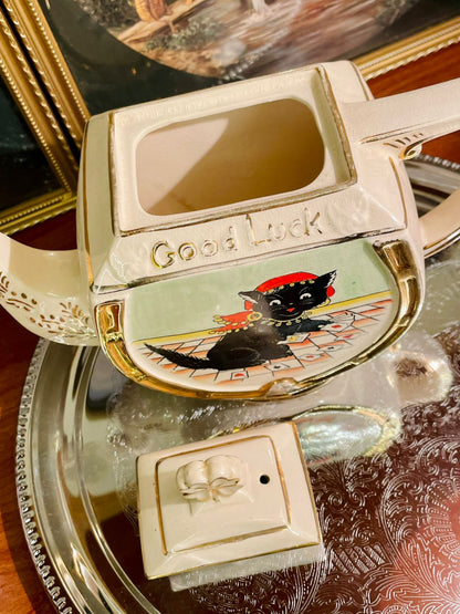 Vintage Good Luck Black Cat Teapot – Fortune & Playing Cards Design