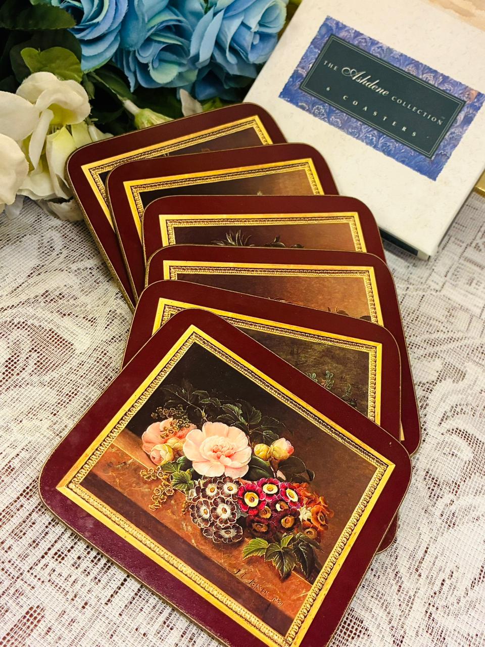 Vintage Floral Artwork Tray Set — 12in Tray + 6 Coasters + 6 Mats