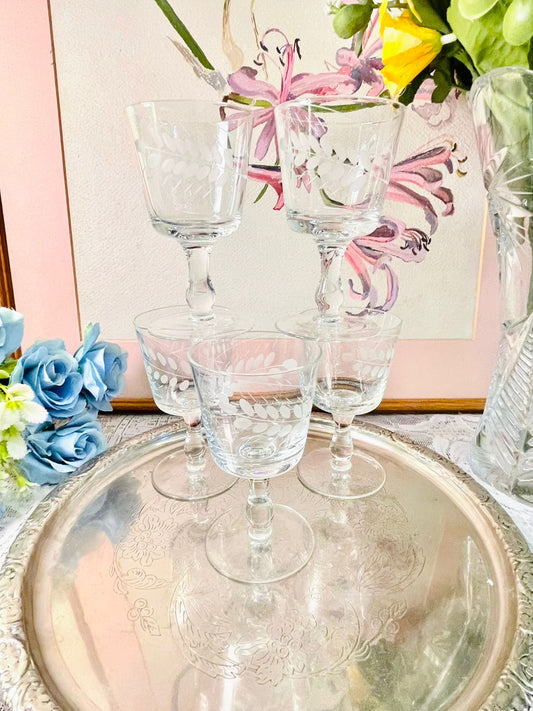 Vintage Etched Crystal Wine Glasses Set of 5
