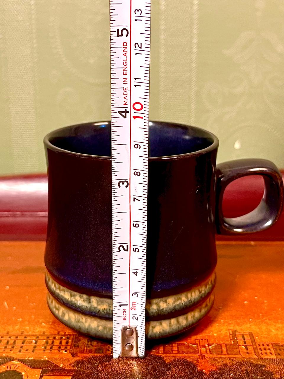 Vintage Deep Blue Ceramic Mug with Textured Bands – 3.5"