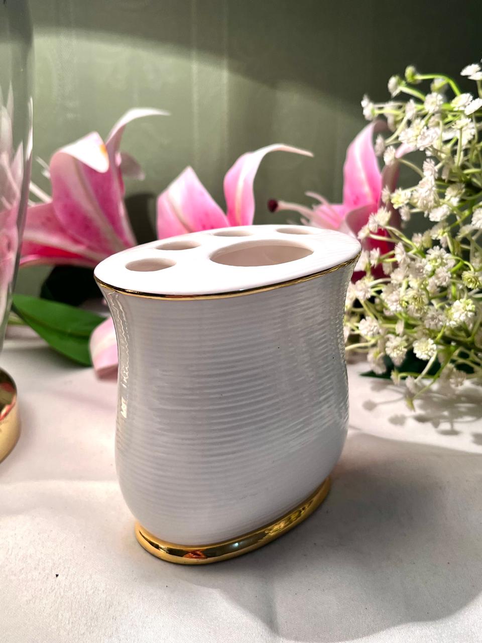 White Ceramic Toothbrush Holder Gold Trim 4.5 Inch