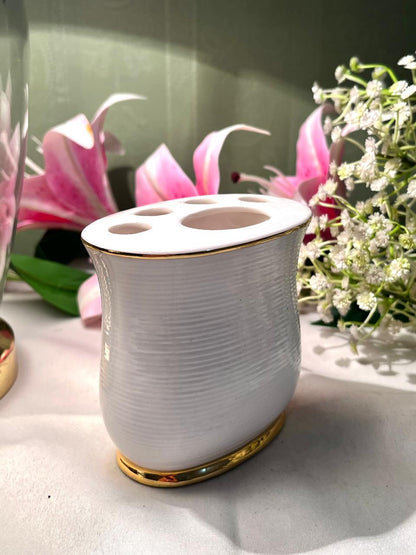 White Ceramic Toothbrush Holder Gold Trim 4.5 Inch