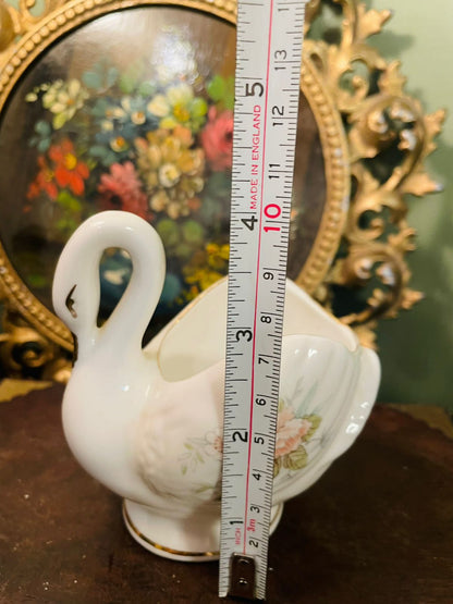 Vintage Porcelain Swan Vase with Floral Design