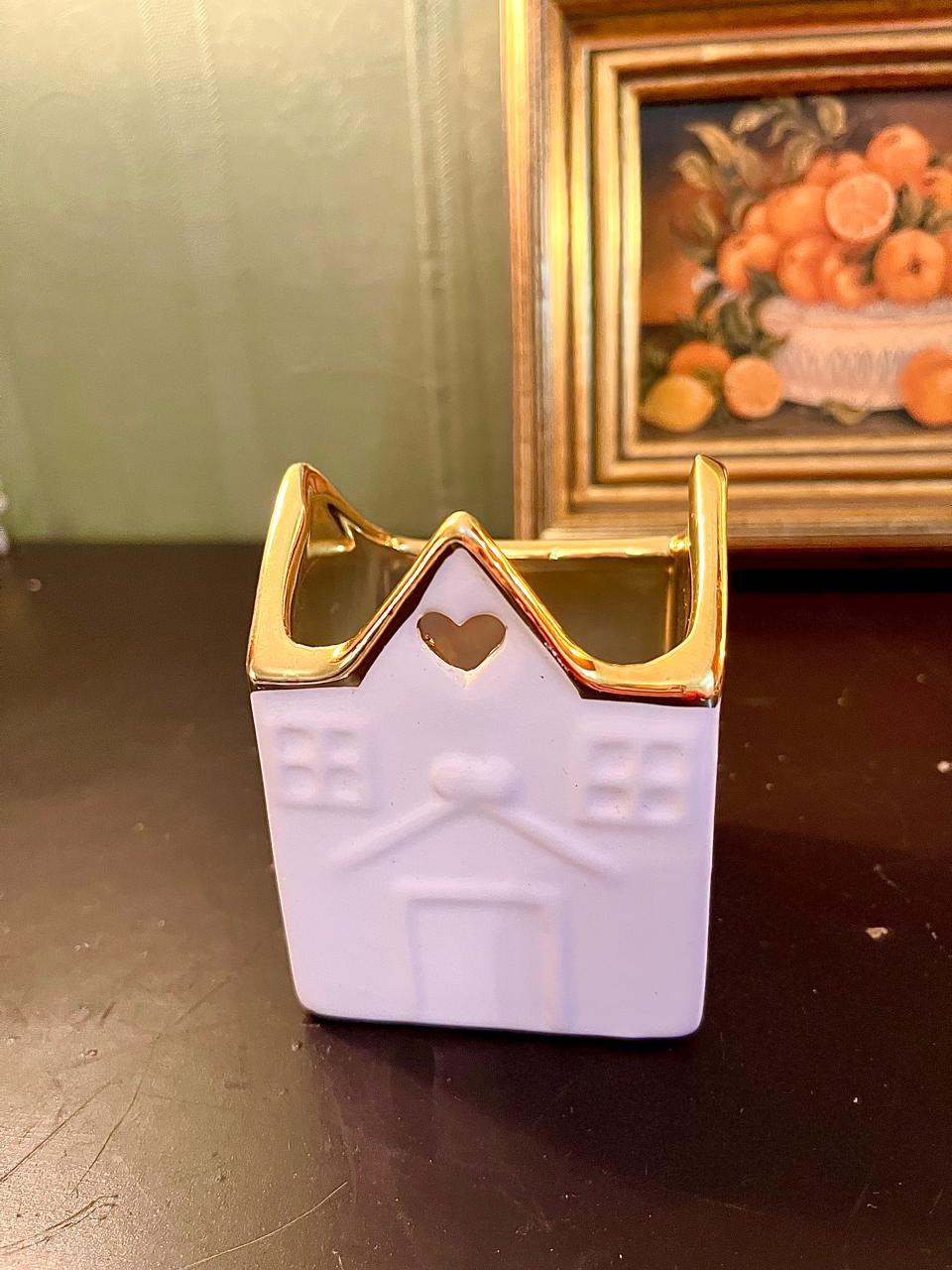 White Ceramic House Tealight Holder with Gold Trim – 4 Inch