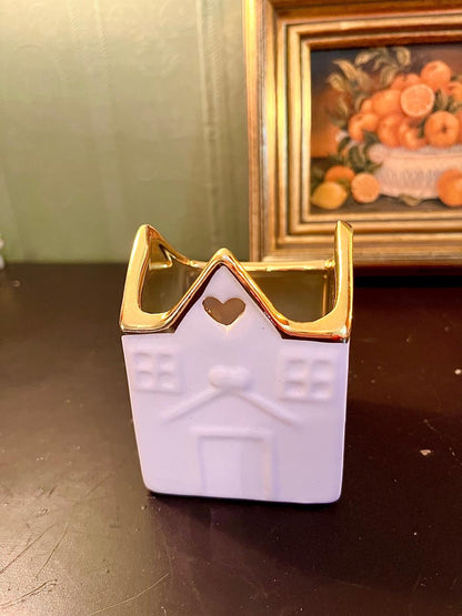 White Ceramic House Tealight Holder with Gold Trim – 4 Inch