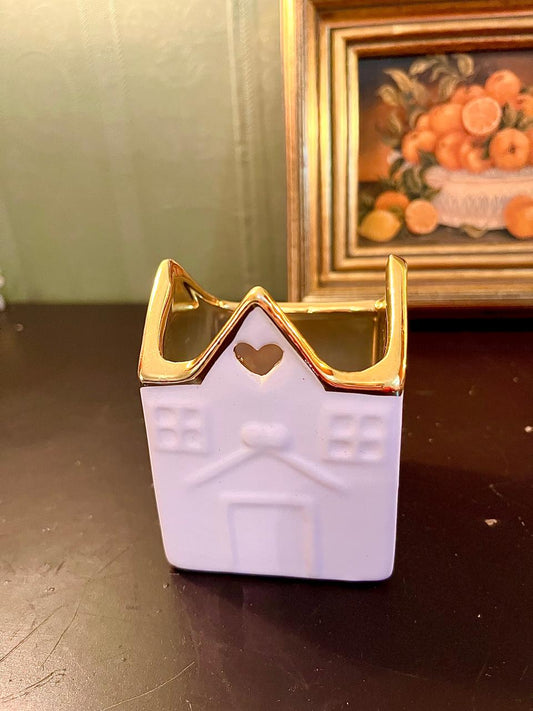 White Ceramic House Tealight Holder with Gold Trim – 4 Inch
