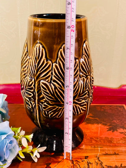 Sylvac Brown Leaf-Relief Ceramic Vase – 8.5 Inch