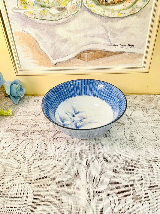 Vintage Blue & White Porcelain Floral Serving Bowl