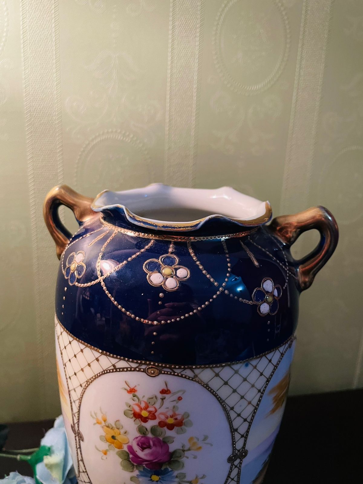 RARE FIND Hand-Painted Nippon Moriage Vase with Cobalt Blue