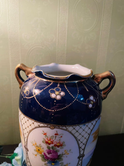 RARE FIND Hand-Painted Nippon Moriage Vase with Cobalt Blue