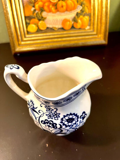 Vintage Blue & White Floral Ceramic Pitcher – 6 Inch