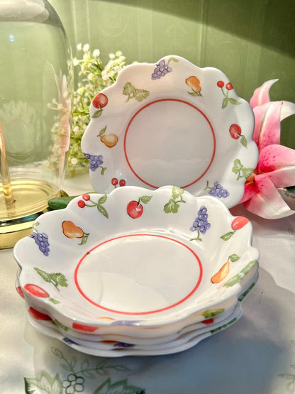 Vintage Scalloped Fruit Pattern Plates / Shallow Bowls – Approx. 17 cm – Set of 6