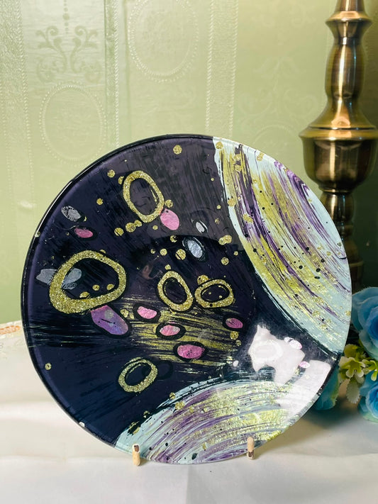 Vintage Abstract Purple Gold Crystal platter 20 cm