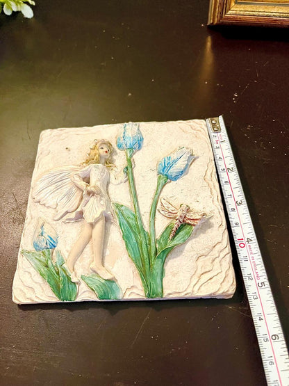 Fairy & Blue Flower Wall Plaque – Decorative Relief Tile