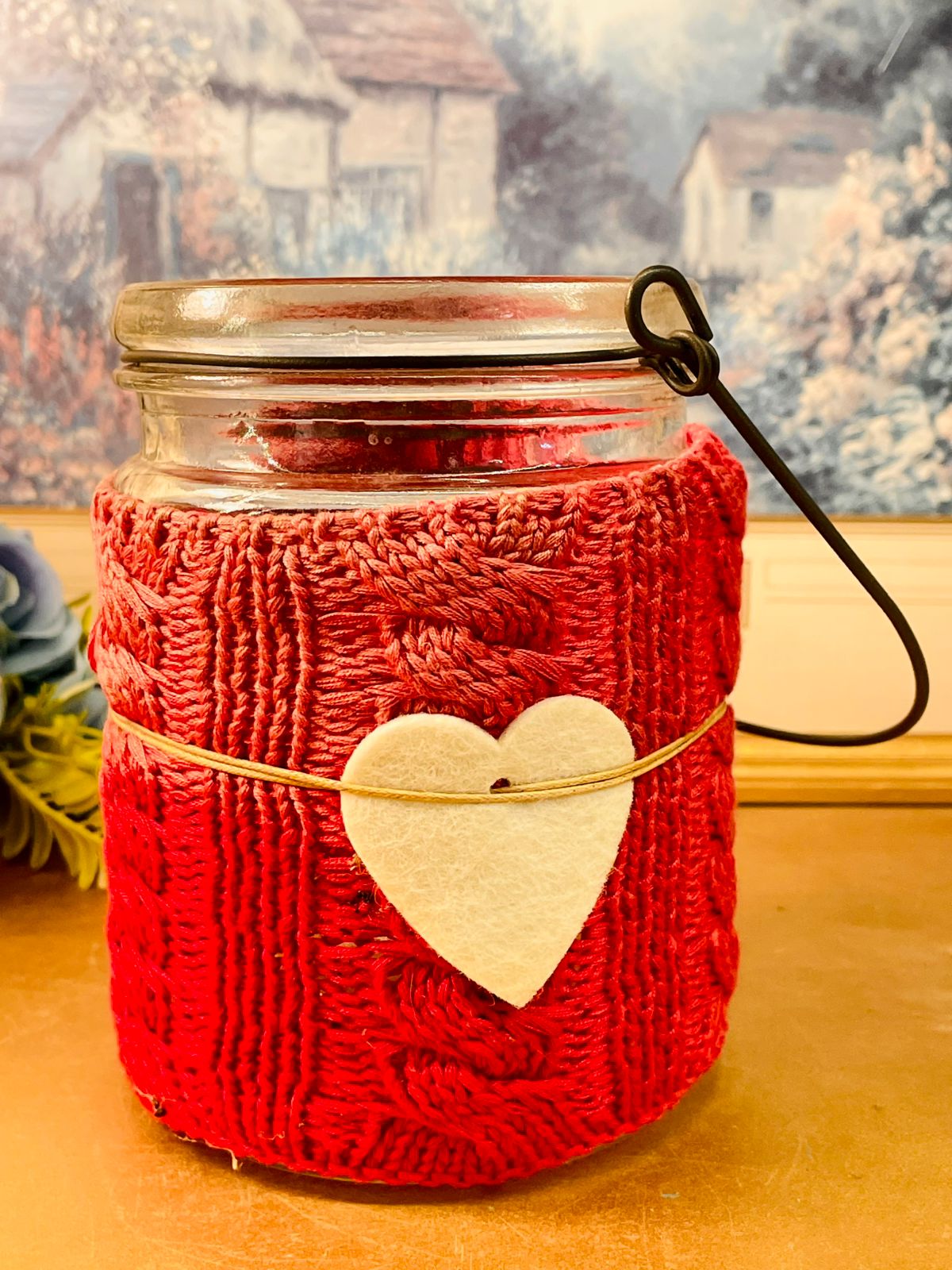 Cozy Knit Glass Jar Candle Holder Hanging Lantern