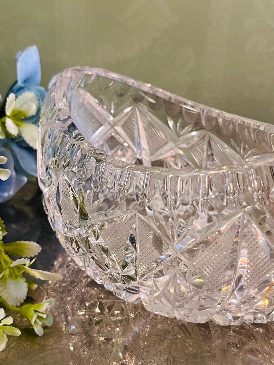 Vintage Cut Crystal Footed Serving Bowl 17 cm Starburst Design