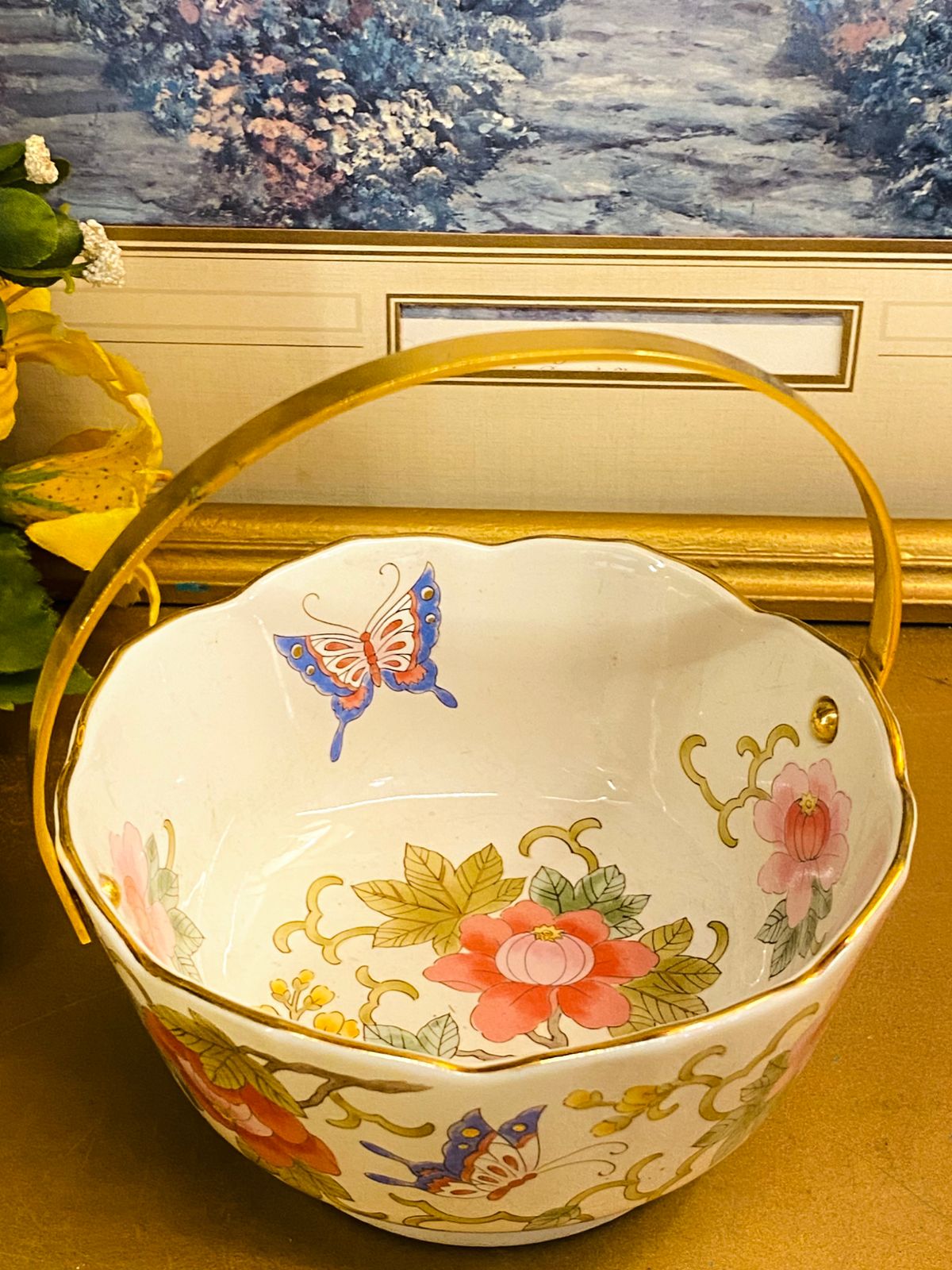 Vintage Floral Butterfly Porcelain Basket Bowl 5"