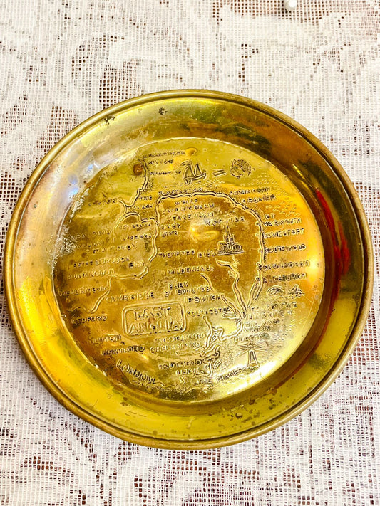 Vintage Brass East Anglia Map Decorative Dish 5 inch