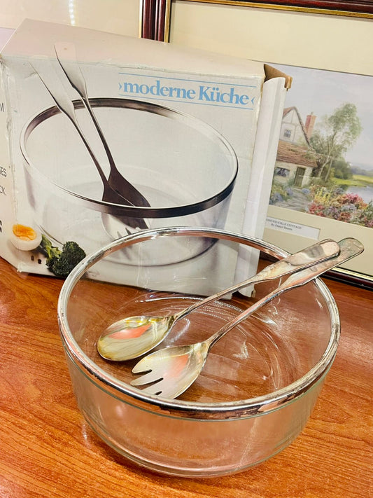 Glass Salad Bowl with Chrome Rim & Silver Plated Servers – 20cm Clear Serving Bowl